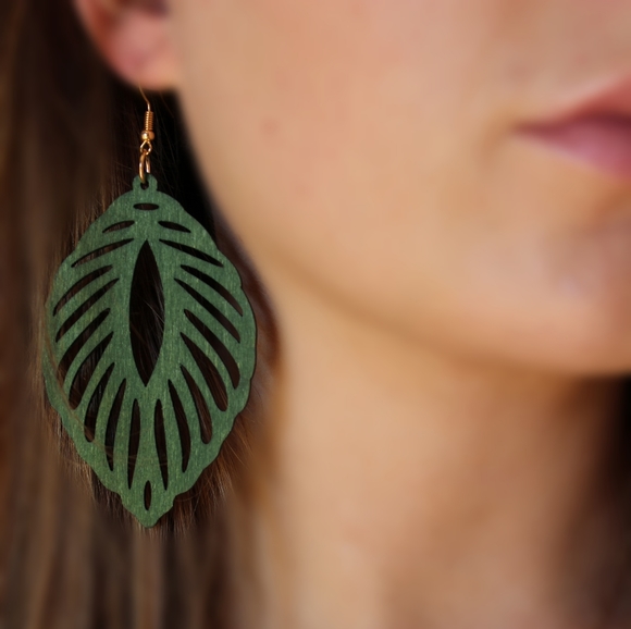 *2 for $15* Green Leaf Wood Drop Earrings - Picture 4 of 4